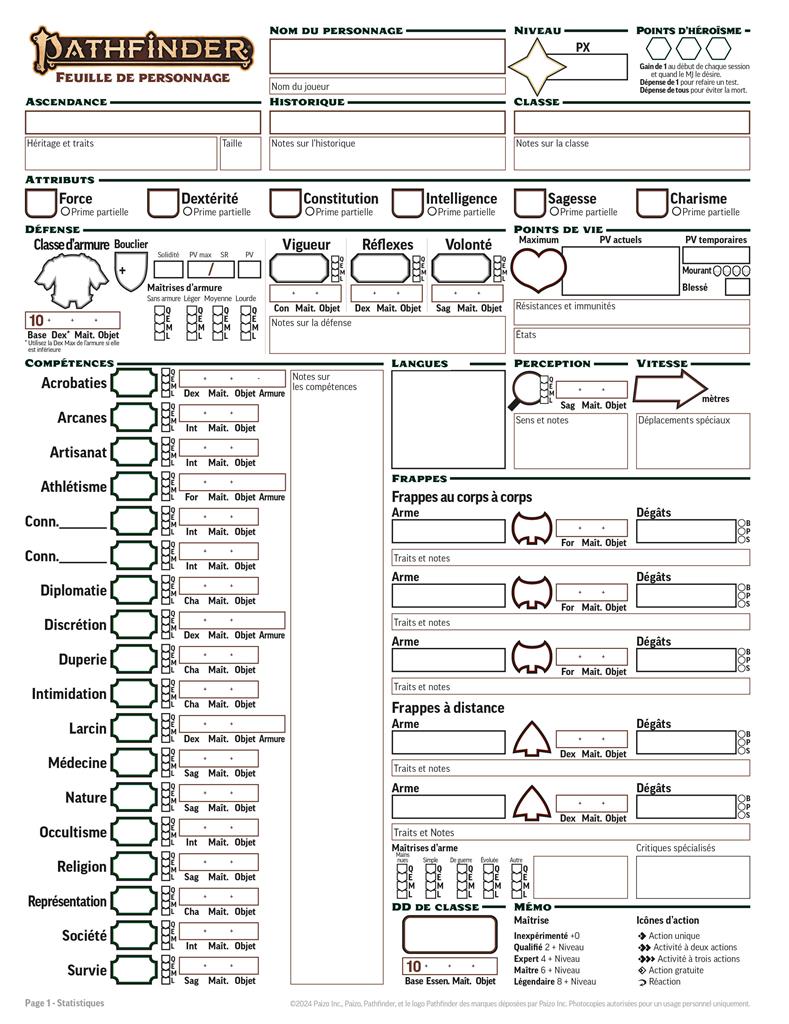 PF 2 - Bloc de fiches de personnages vierges